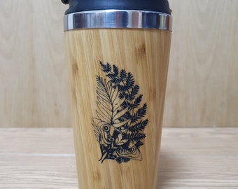 Lasercut Travel Mug   - S-Steel with 100% Bamboo exterior  - Ellie fern butterfly tattoo - Unique Gift