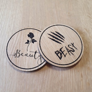 Laser cut wooden coaster. Beast Beauty Double Deal - Unique Gift lasercut