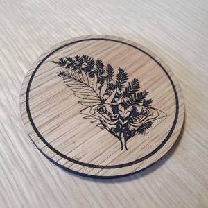 Laser cut wooden coaster. Ellie butterfly fern tattoo  - Unique Gift lasercut