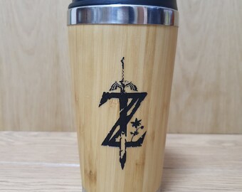 Lasercut Travel Mug   - S-Steel with 100% Bamboo exterior  - master Sword - Unique Gift