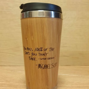 Lasercut Travel Mug - S-Steel with 100% Bamboo exterior - The Office Quote Wayne gretzky ice hockey - Unique Gift
