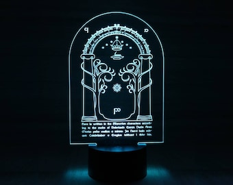LED-3D-Lampe mit Lasergravur – Herr der Ringe, Tür von Durin. Elvin.