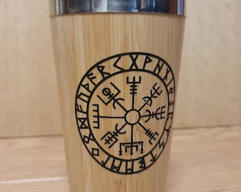 Lasercut Travel Mug - S-Steel with 100% Bamboo exterior - Nordic Vegvisir compass Viking - Unique Gift for him her friend