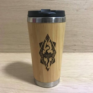 Lasercut Travel Mug   - S-Steel with 100% Bamboo exterior  - Dragon Celtic - Unique Gift