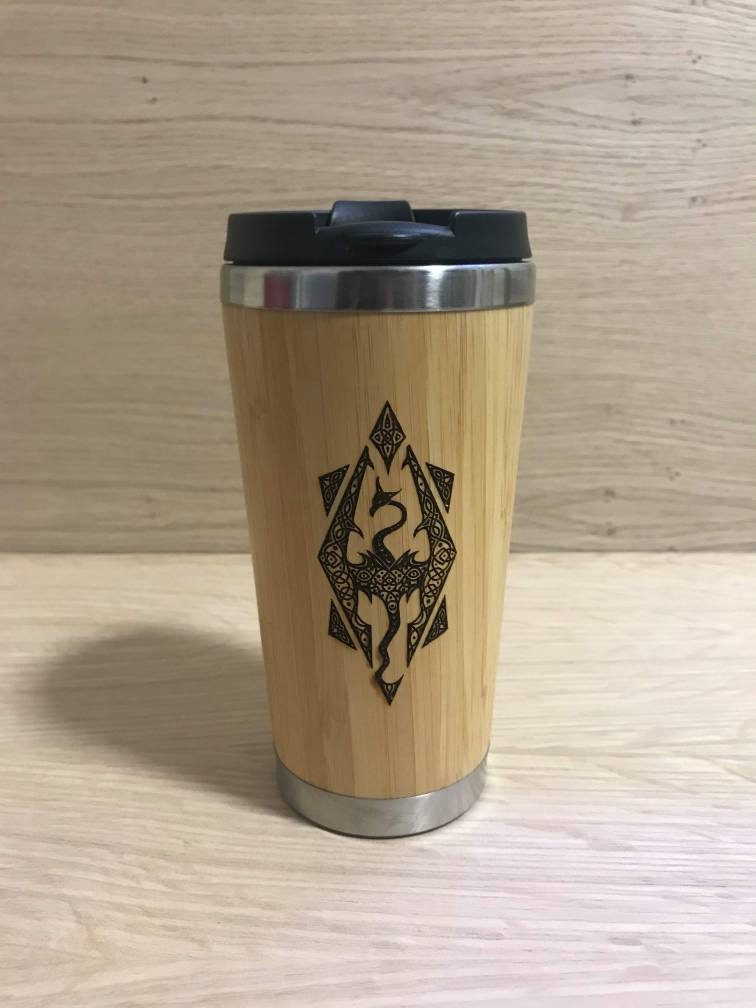 Lasercut Travel Mug   - S-Steel with 100% Bamboo exterior  - Dragon Celtic - Unique Gift