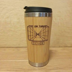Lasercut Travel Mug - S-Steel with 100% Bamboo exterior - Stay on target. - Unique Gift