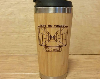 Lasercut Travel Mug - S-Steel with 100% Bamboo exterior - Stay on target. - Unique Gift