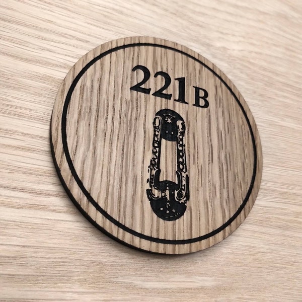 Laser cut wooden coaster. Sherlock Holmes door knocker Baker Street 221B - Unique Gift lasercut