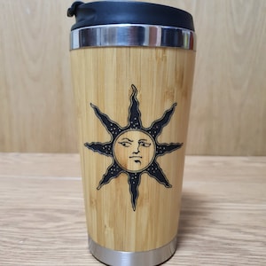 Lasercut Travel Mug   - S-Steel with 100% Bamboo exterior  - Dark Souls Sun - Unique Gift