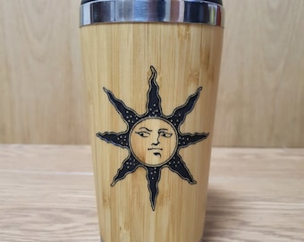 Lasercut Travel Mug   - S-Steel with 100% Bamboo exterior  - Dark Souls Sun - Unique Gift