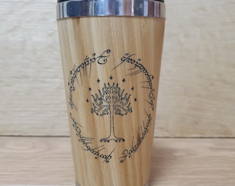 Lasercut Travel Mug   - S-Steel with 100% Bamboo exterior  - LOTR Tree and Inscription - Unique Gift