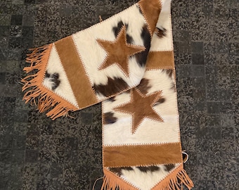 Genuine Hair On Cowhide Tricolor Table Runner with Star Design 62&quot;