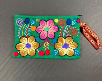 Handmade Peruvian Embroidered Pouch - Green with Floral Design   #128-G
