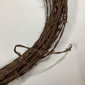 May include: Close-up of a rustic, circular wreath made of weathered, rusty barbed wire. The brown metal wire is tightly wound, with sharp barbs protruding. The wreath is set against a plain white background, highlighting its texture and color.