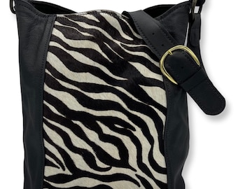 Faux Zebra Cowhide (hair on hide) & Leather Tote Bucket Purse #921