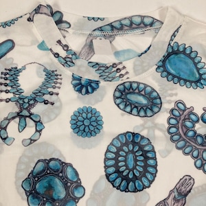Sheer Short Sleeve Western Bull Skull and Turquoise Jewelry Print Shirt - Size S     #945-G