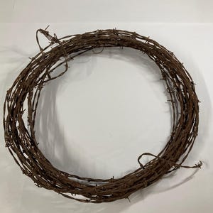 May include: A circular wreath made of rusty brown barbed wire. The wire is tightly wound, creating a dense, textured appearance. The wreath is set against a plain white background, highlighting its rustic aesthetic.