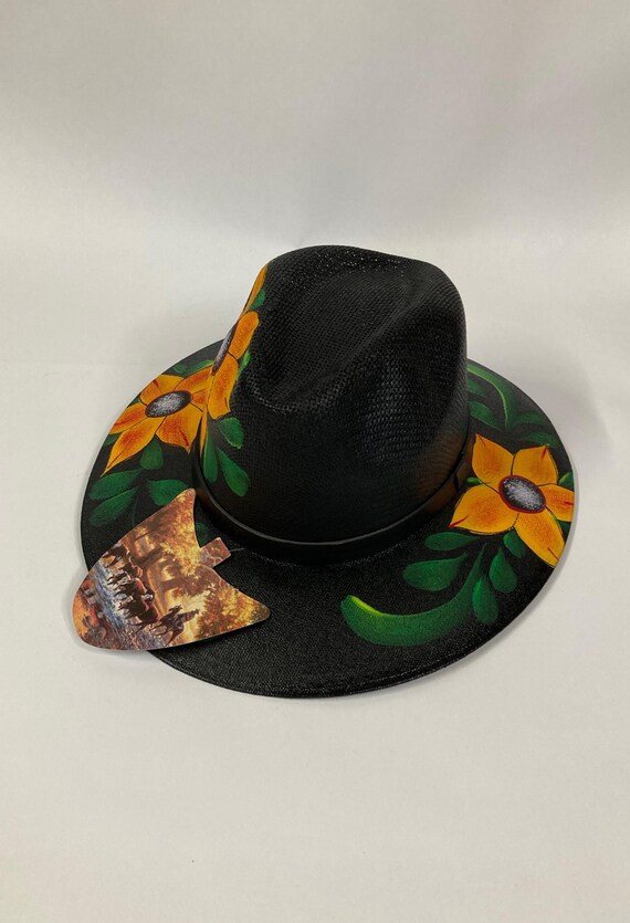 Mexican Artisan Hand Painted Panama Fedora Jute Hat Yellow Flower Floral Medium Mexican Artisan Hand Painted Panama Fedora Jute Hat Yellow  main image 4