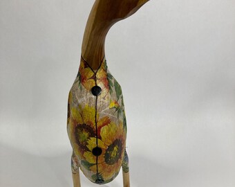 Standing Wood Duck in Decoupage Suit- Retro Sunflower Butterfly Pattern  #934-G