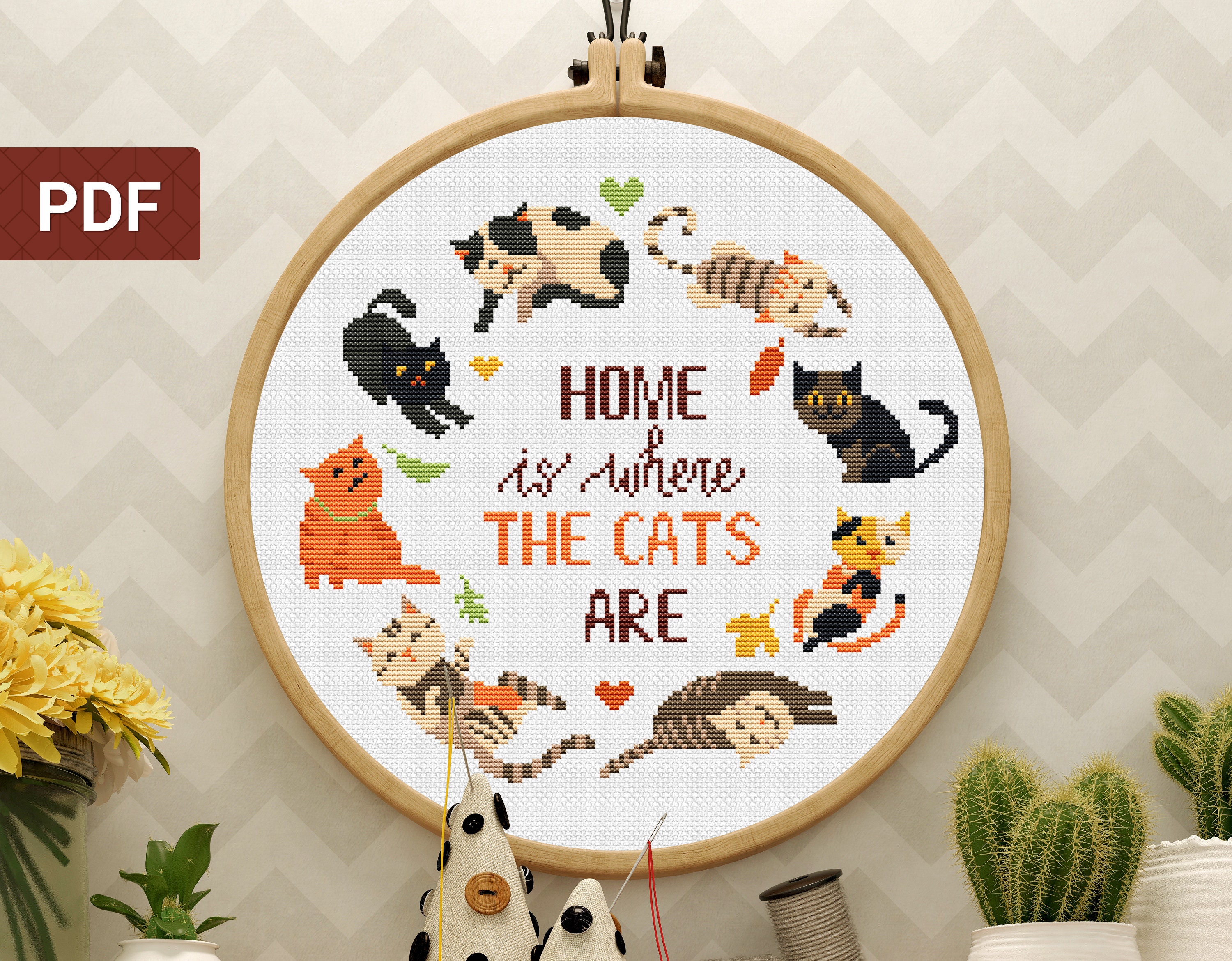 Cat cross stitch pattern Home is where the cats are Quote Etsy