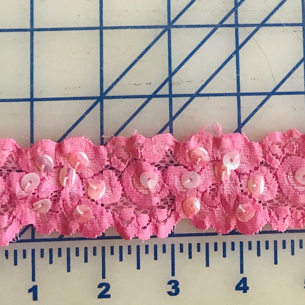 Trims-Pink stretch lace with sequins-Elastic