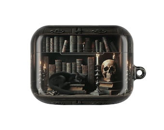 Étui pour AirPod de littérature gothique, cadeau parfait pour les amateurs de lecture, motif chat et tête de mort, étui pour écouteurs unique