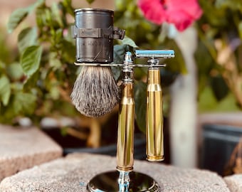 Handcrafted Ammo Shell Shave Set: Badger Hair Brush, Veteran Gift