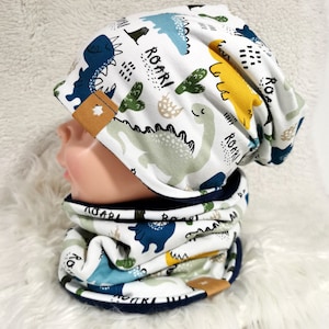 Beanie mit passendem Loop Set oder Einzeln, Dinosaurier, Frühling,Herbst, Mützen Set, Kombi, bunt, Dino, Jungen, Wunschgröße Bild 1