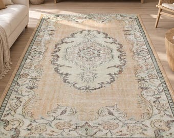 Handwoven Turkish Rug: Neutral Beige Wool Carpet, 6'x9'2" - 1970s Vintage Area Rug for Living Room Bedroom Modern Farmhouse