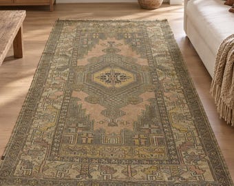 Handwoven Turkish Area Rug, Neutral Geometric Earthy Soft Colour Carpet (4'1" x 7'7") Brown Pink Rugs for Living Room Aesthetic Bedroom