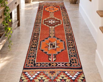 Hand-Knotted Wool Runner, 2.8 x 10.9 ft,Multicolor Rug, Turkish Runner for Hallway, Wool Stair Runner