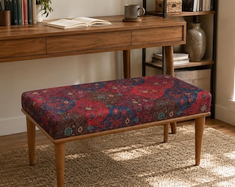 OTTOMAN BENCH / Wood Work Bench / Handmade Furniture / Upholstered Bench with Authentic Turkish Fabric / Bedroom Seat / Coffee Table