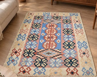 Handwoven Wool Kilim Rug – Blue, Terracotta & Cream Geometric Flatweave Area Rug (4.3x5.4 ft)