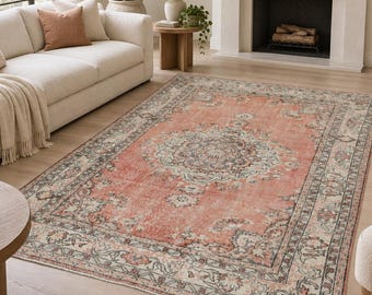 Vintage Handmade Rug, 6'2"x9'9", Distressed Rug, Peach and Coral Medallion Carpet for Living Room Bedroom Boho Farmhouse Interior Decoration