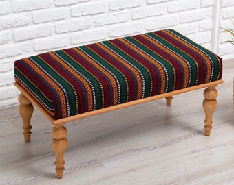 Dormitorio Banco otomano, banco de trabajo de madera. Banco kilim turco a estrenar, Banco de mesa de comedor, Regalo de inauguración, Banco de entrada, Silla de estar