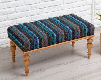 Oriental Pattern Turkish Rug Bench, Wooden Furniture, Ottoman Bench, Upholstered Bench, Stool, Rustic Decor, Living Room, Coffee Table