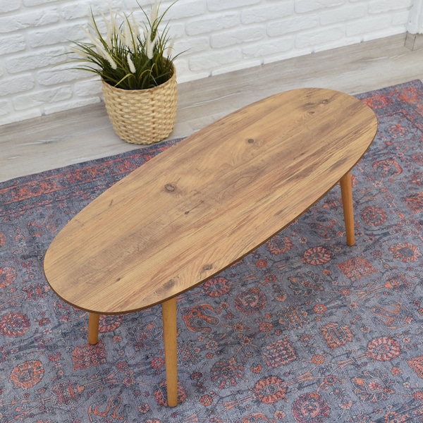 Wooden Oval Ellipse Coffee Table, Rustic Coffee Table, Modern Center Table. Scandinavian Style, Unique Coffee Table, MDF Wood