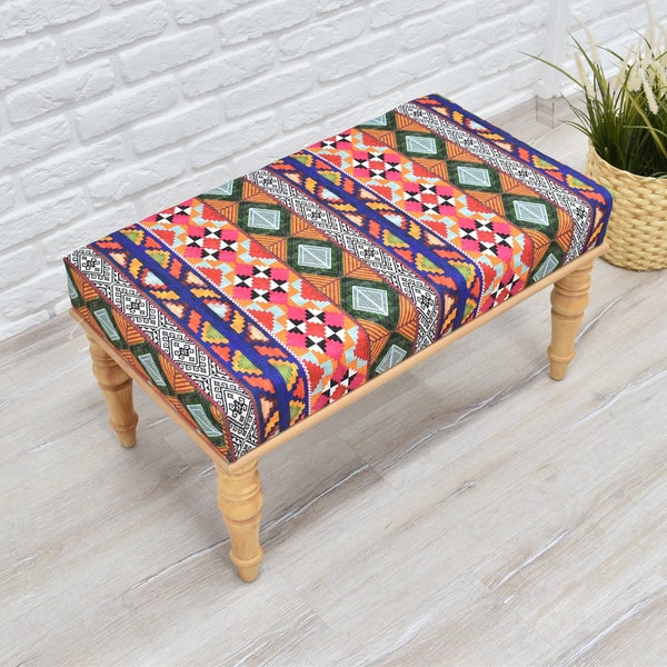 Kilim Ottoman Bench - Upholstered Footstool - Unique Coffee Table End Table for Bed Make Up Bench Living Room Furniture Shoe Changing Bench