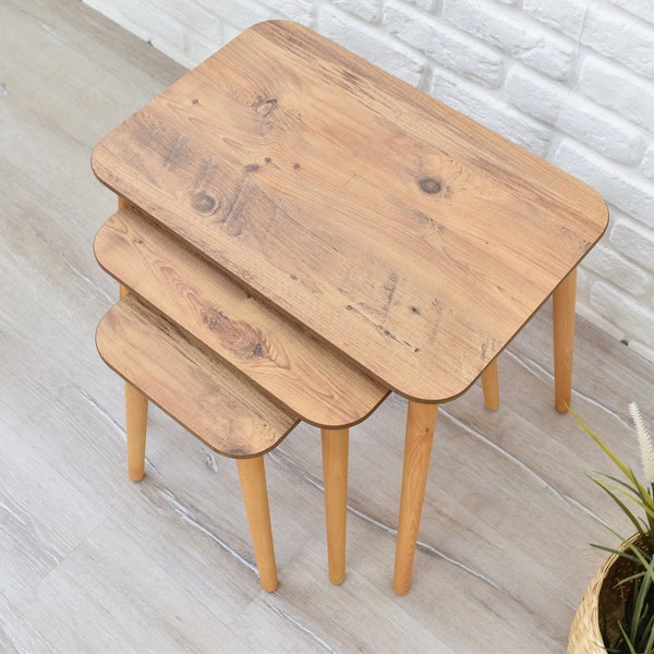 Wooden Set of 3 Nesting Coffee Table / Side Table for Living Room / Coffee & End Table/ Modern Minimalist Nest of coffee tables set