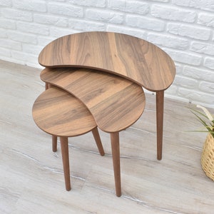 Modern Coffee Tables Nesting Tables Asymmetric Wooden Tables Minimalist Mid Century Modern Table Side Tables w/ Walnut & Neutral Pattern Opt