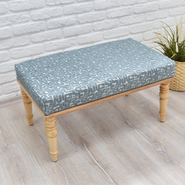 Upholstered Stool with Solid Wood Legs Blue Footstool Patio Furniture Entryway Bench Shoe Ottoman Wood Work Bench Seat Coffee Table