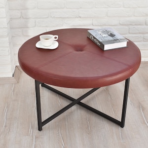 Handmade Furniture | Leather Ottoman Coffee Table - Stuffed - Button Tufted, Leather Coffee Table with Metal Base, Low Coffee and Tea Table