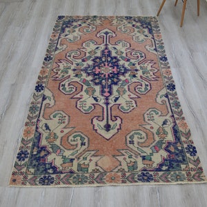 Turkish Rug , vintage rug , 4.2 x 7.1 ft runner rug , bohemian rug , runner rug , oushak rugs, orange oushak rug, distressed rug, pink rug