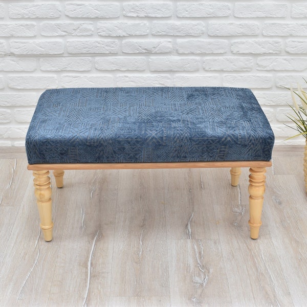 BLUE- Seat Bench - Upholstered Ottoman Footstool with Solid Wood Legs Patio Furniture Entryway Chair Dining Seat Living Room Coffee Table