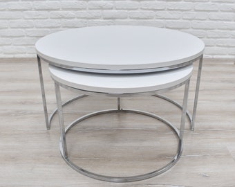 Mesa de centro grande, juego de 2, base de metal cromado con parte superior de mesa blanca, mesa central de diseño único blanca, mesa de centro redonda moderna para el hogar