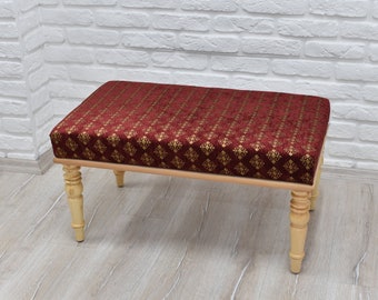 Piano Bench - Traditional Ottoman Wooden Bench with Claret Red Ethnic Woven Upholstered Seat | First Home Gift Housewarming Handmade