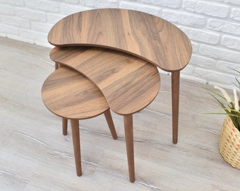 Modern Coffee Tables Nesting Tables Asymmetric Wooden Tables Minimalist Mid Century Modern Table Side Tables w/ Walnut & Neutral Pattern Opt