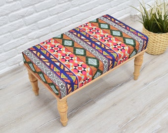 Kilim Ottoman Bench - Upholstered Footstool - Unique Coffee Table End Table for Bed Make Up Bench Living Room Furniture Shoe Changing Bench