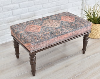 BOHO Turkish Rug OTTOMAN, Coffee Table, Wood Work Bench, Boho Bench, Entryway Seat, Hallway Bench, Bedroom Bed Front Bench, Piano Bench