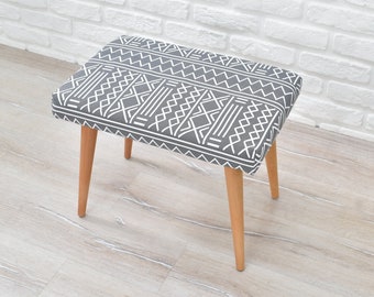 Handmade upholstered ottoman stool with four solid wood turned straight legs secured into position - pouf - vanity chair - entry bench